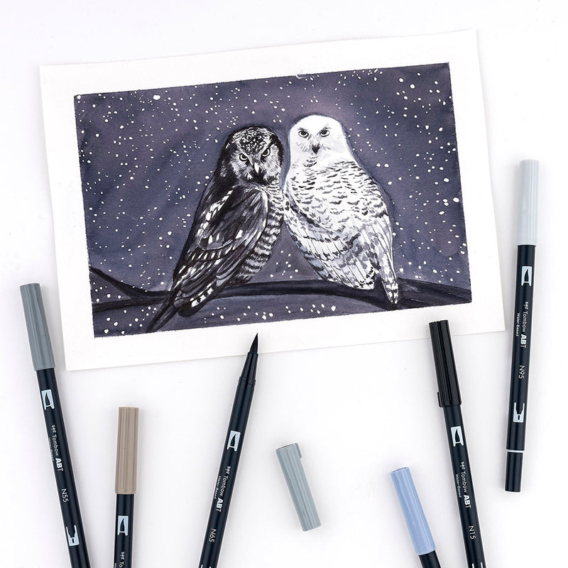 Tombow Dual Brush Set 10 - Grayscale image of two owls in a night sky.