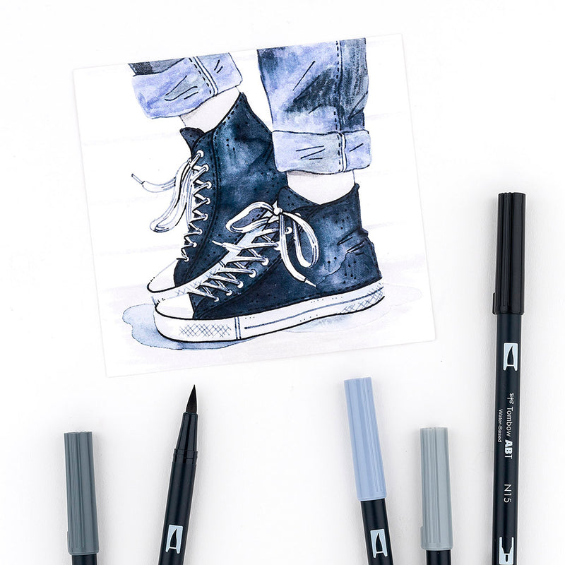 Tombow Dual Brush Set 10 - Grayscale image of converse and jeans