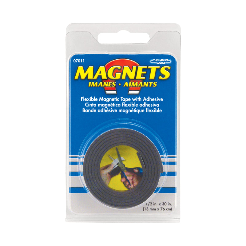 Flexible Magnetic Tape is ideal for lightweight projects and is easily cut with scissors to the desired length. The magnet comes with adhesive on the back, just peel and stick to any surface. Available in 1/2" x 30" rolls.