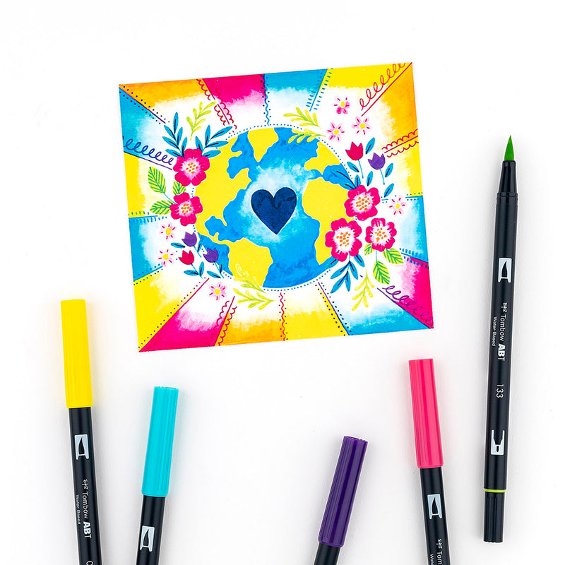 Tombow Dual Brush Set 10 - Bright image of the world with flowers surrounding