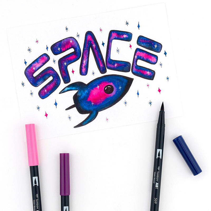 Tombow Dual Brush Set 10 - Galaxy. Spaceship drawing.