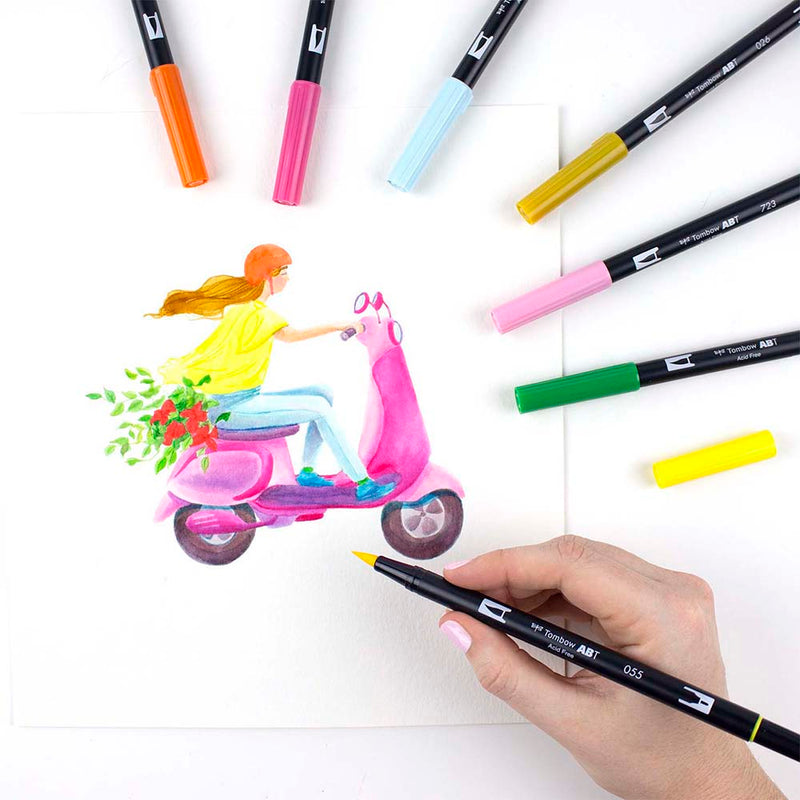 Tombow Dual Brush Set 10 - Celebration image of a girl on a pink scooter