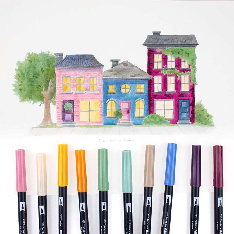 Tombow Dual Brush Set 10 - Cottage image of pastel street houses