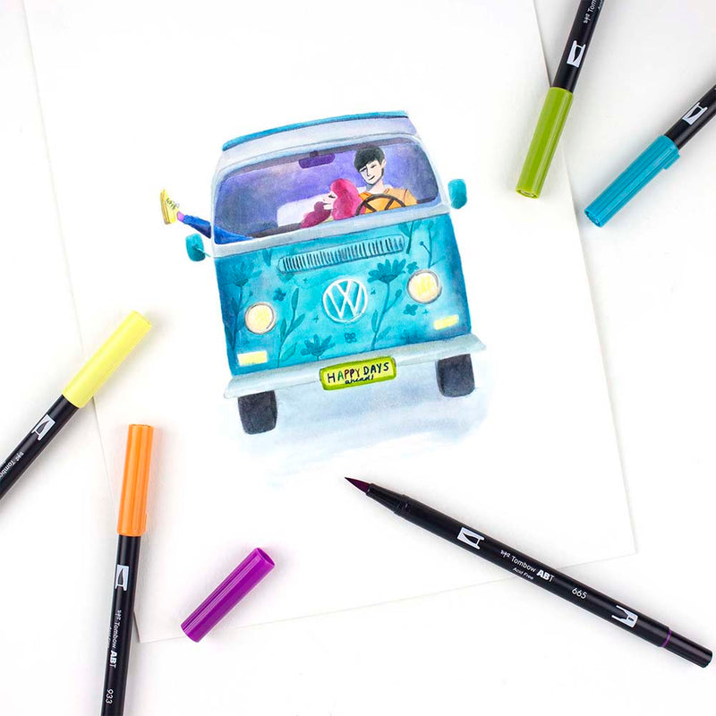 Tombow Dual Brush Set 10 - Retro image of mini van.