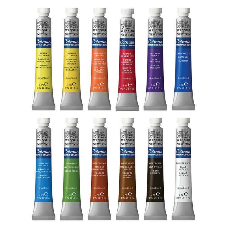 Close up image of the tubes found in the Winsor and Newton Cotman waterolour tube set.