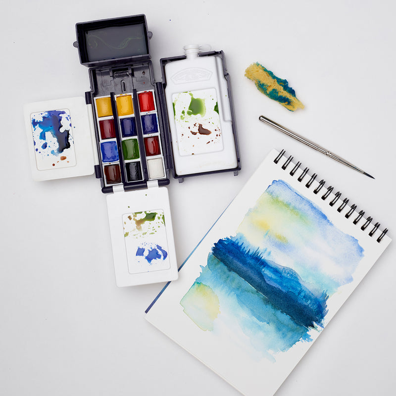 A lake and forest image painted with the open Winsor and Newton Cotman watercolour Field Box.