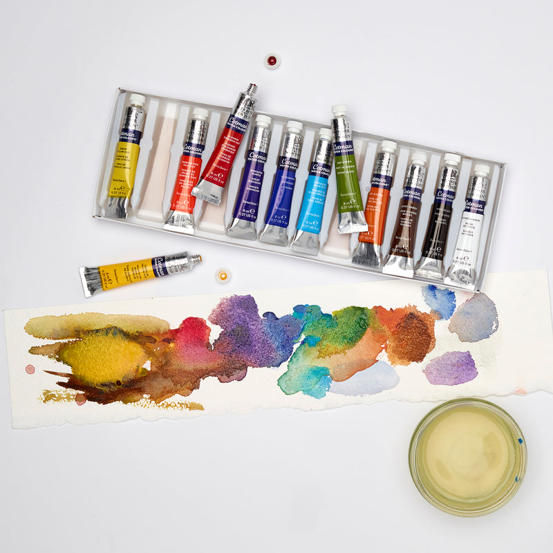 Abstract waterolour splotches made with the opened Winsor and Newton Cotman watercolour tube set.