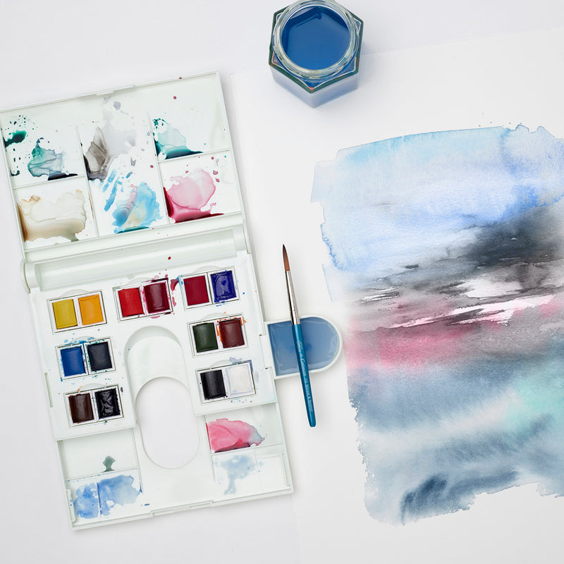 An abstract skyline painting made with the Winsor and Newton Cotman watercolour The Compact Box.